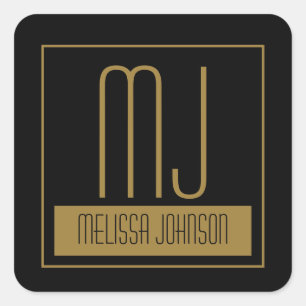 Modern Black & Gold Initial Monogram Square Sticker