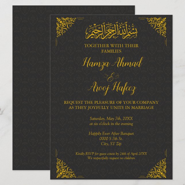 Modern Black & Gold Islamic Muslim Wedding Invitation (Front/Back)