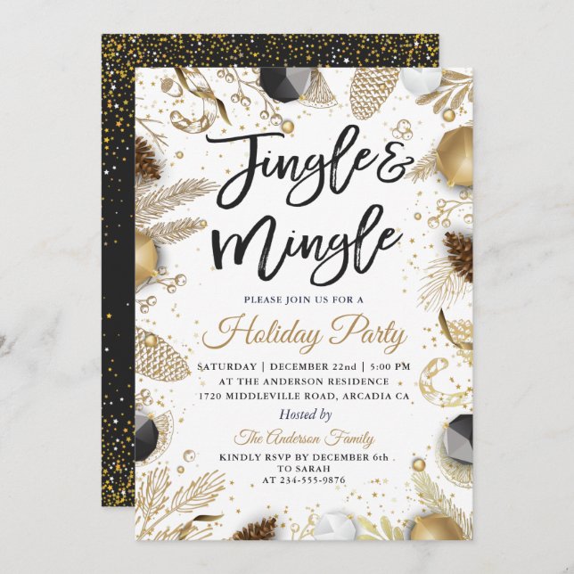 Modern Black Gold Jingle and Mingle Holiday Party Invitation (Front/Back)