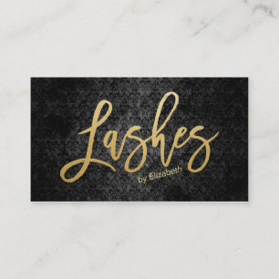 Modern Black Gold Lashes Script Text Black Damask Business Card
