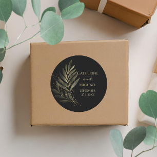 Modern Black Gold Leaf Wedding Monogram Classic Round Sticker