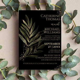 Modern Black Gold Leaf Wedding Reception Party Invitation
