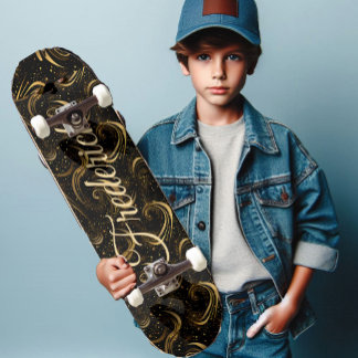 Modern Black Gold Leafy Swirls Decorative Art Name Skateboard