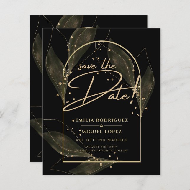 Modern Black Gold Leaves Wedding Save The Date  (Front/Back)