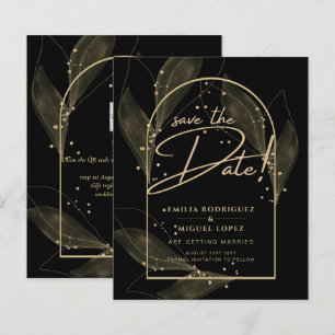 Modern Black Gold Leaves Wedding Save The Date