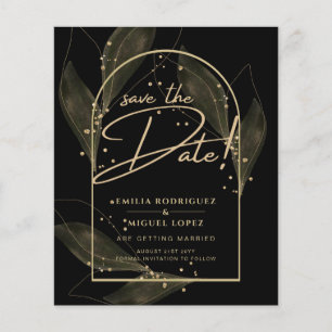 Modern Black Gold Leaves Wedding Save The Date Flyer