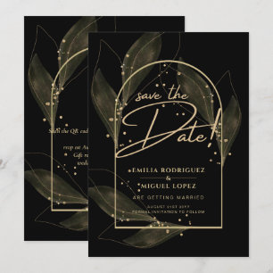 Modern Black Gold Leaves Wedding Save The Date  Invitation