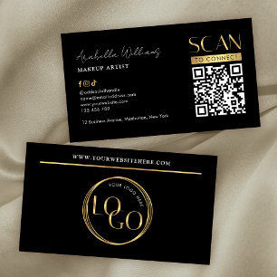 Modern Black Gold Logo Makeup Beauty Salon QR Code Business Card