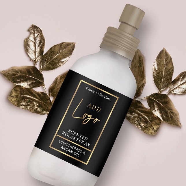 Modern Black & Gold Logo Room Spray Bottle Label (Black and gold air freshener spray wrap around label design with space for your logo)