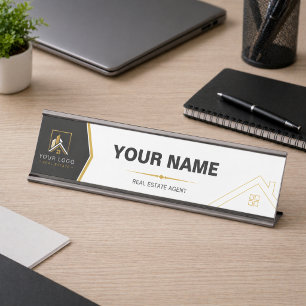Modern Black Gold Luxury Real Estate Agent Desk Name Plate