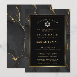 Modern Black Gold Marble Bar Mitzvah Invitation
