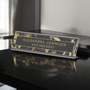 Modern Black Gold Marble Stone Custom Minimalist Desk Name Plate