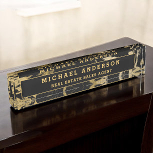 Modern Black Gold Marble Stone Custom Minimalist Nameplate
