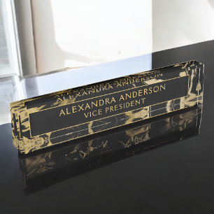 Modern Black Gold Marble Stone Custom Minimalist Nameplate
