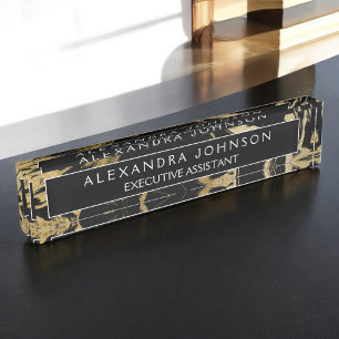 Modern Black Gold Marble Stone Custom Minimalist Nameplate