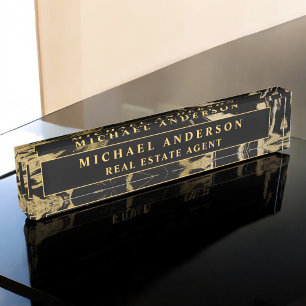 Modern Black Gold Marble Stone Custom Minimalist Nameplate