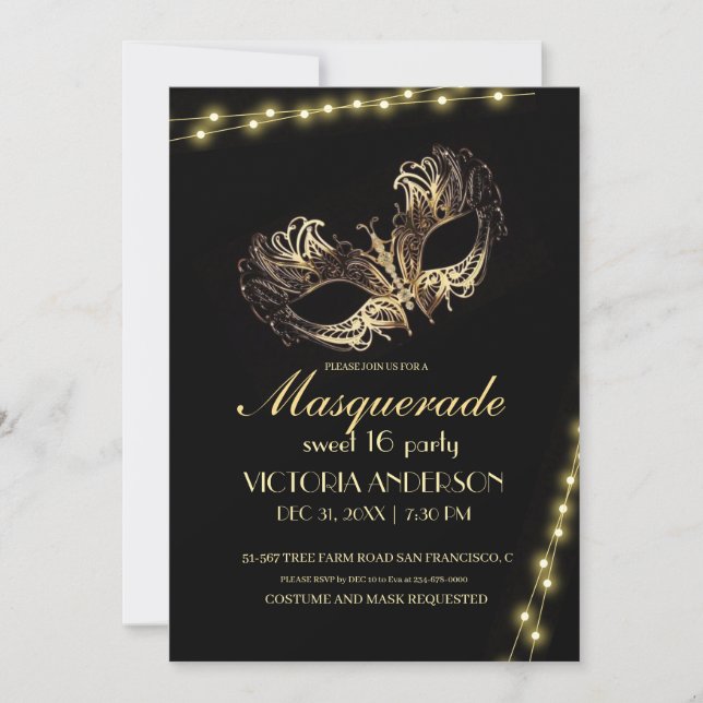 Modern Black Gold Masquerade Party Birthday 16th Invitation (Front)
