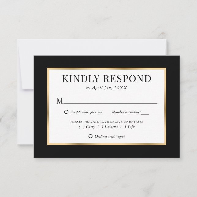 Modern Black Gold Meal Choice Wedding RSVP Card (Front)