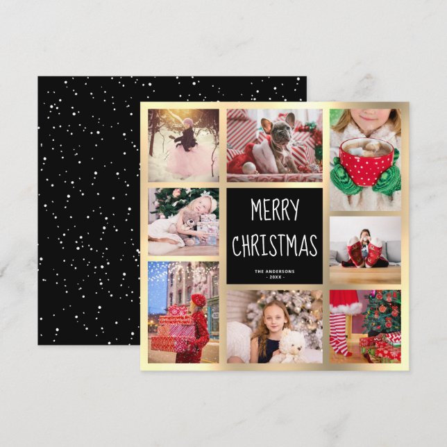 Modern Black & Gold Merry Christmas Photo Collage Holiday Card (Front/Back)