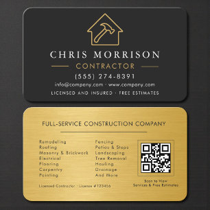 Modern Black & Gold Metal Contractor QR Code Business Card