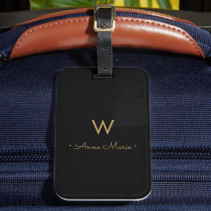 Modern Black Gold Minimalist Monogram Luggage Tag