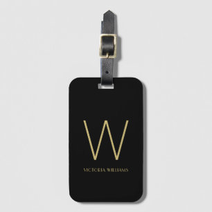 Modern black gold minimalist monogram name luggage tag