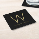 Modern black gold minimalist monogram name square paper coaster<br><div class="desc">Modern black gold minimalist monogram name</div>
