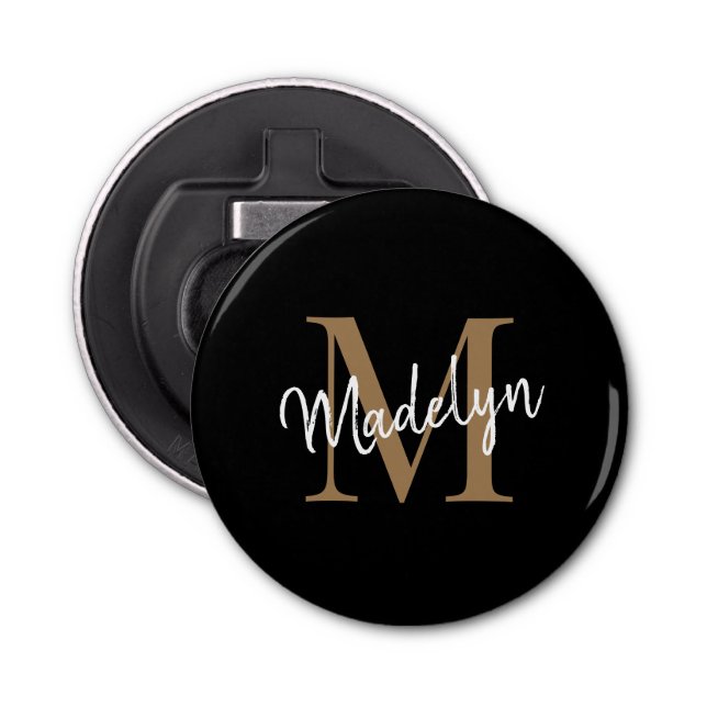 Modern Black Gold Monogram Elegant Feminine Script Bottle Opener (Front)