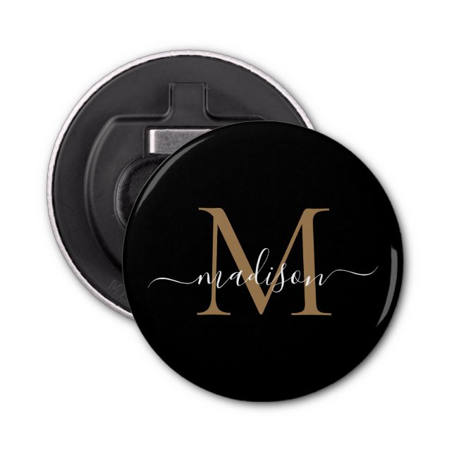 Modern Black Gold Monogram Elegant Feminine Script Bottle Opener (Front)