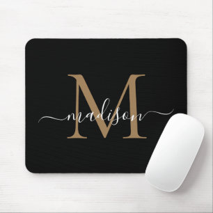 Modern Black Gold Monogram Elegant Girly Script Mouse Mat