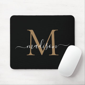 Modern Black Gold Monogram Elegant Girly Script Mouse Mat