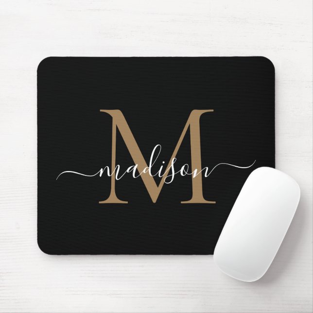 Modern Black Gold Monogram Elegant Girly Script Mouse Mat (With Mouse)