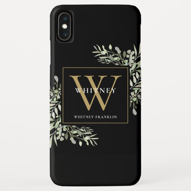 Modern Black Gold Monogram Elegant Greenery Case-Mate iPhone Case (Back)