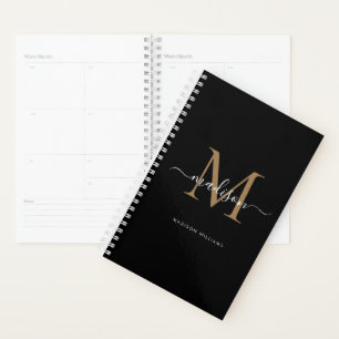 Modern Black Gold Monogram Elegant Script Name Planner