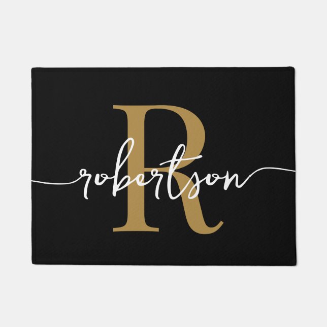 Modern Black Gold Monogram Family Name Script Door Doormat (Front)