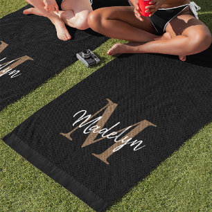 Modern Black Gold Monogram Feminine Chic Script Beach Towel