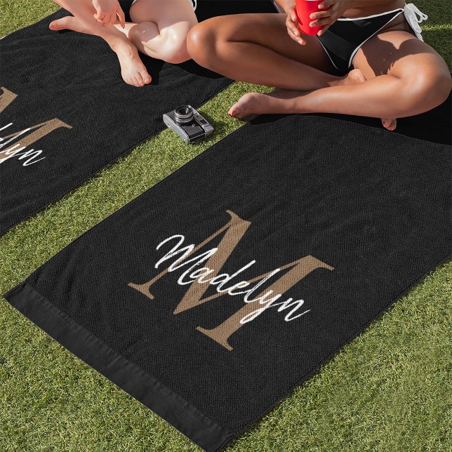 Modern Black Gold Monogram Feminine Chic Script Beach Towel (This stylish black beach towel has your name on it - literally! Customize it with your initial.)