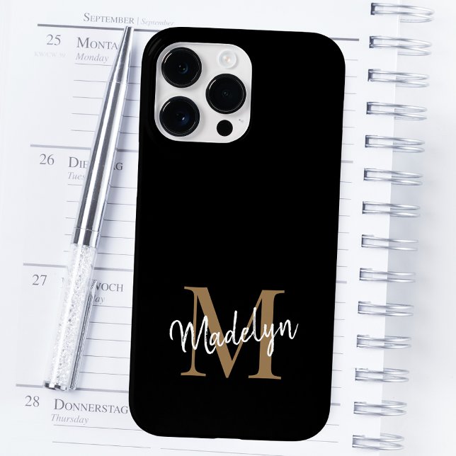 Modern Black Gold Monogram Feminine Script Name Case-Mate iPhone Case (Creator Uploaded)