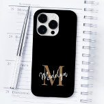 Modern Black Gold Monogram Feminine Script Name Case-Mate iPhone 14 Pro Case<br><div class="desc">Modern Black Gold Monogram Feminine Script Name iPhone Case. Easily personalise this modern elegant iphone case with your custom monogram and name.</div>