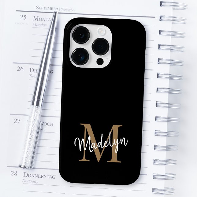 Modern Black Gold Monogram Feminine Script Name Case-Mate iPhone Case (Creator Uploaded)