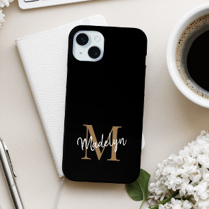 Modern Black Gold Monogram Feminine Script Name iPhone 15 Mini Case