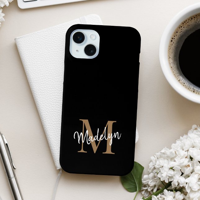 Modern Black Gold Monogram Feminine Script Name Case-Mate iPhone Case (Creator Uploaded)