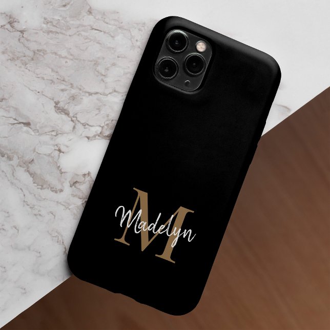 Modern Black Gold Monogram Feminine Script Name Case-Mate iPhone Case (Creator Uploaded)