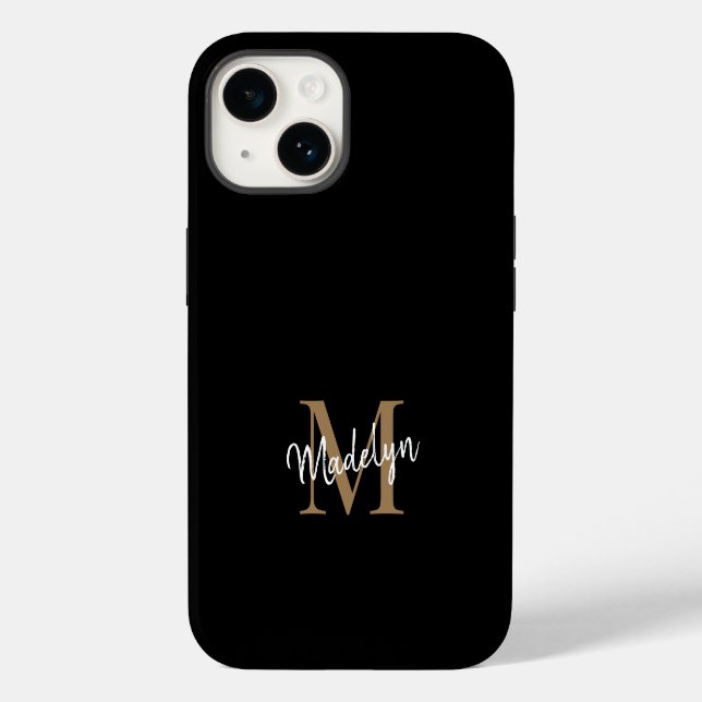 Modern Black Gold Monogram Feminine Script Name Case-Mate iPhone Case (Back)