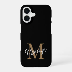 Modern Black Gold Monogram Feminine Script Name iPhone 16 Case