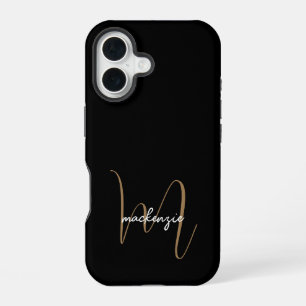 Modern Black Gold Monogram Feminine Script Name iPhone 16 Case