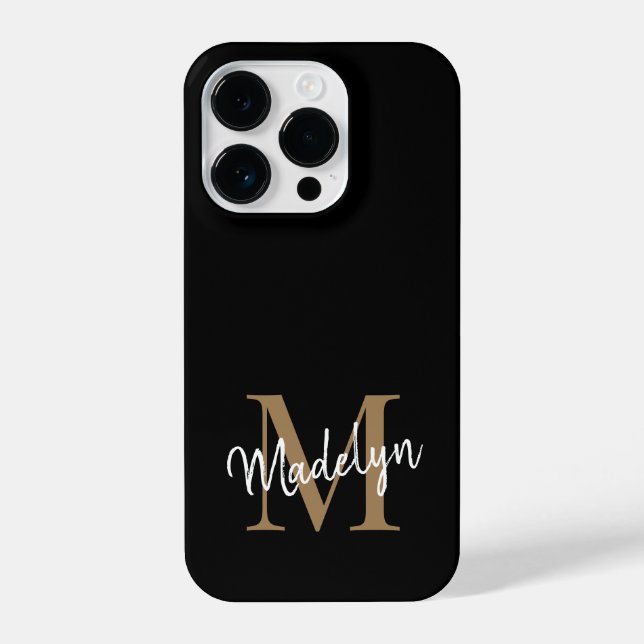 Modern Black Gold Monogram Feminine Script Name iPhone Case (Back)