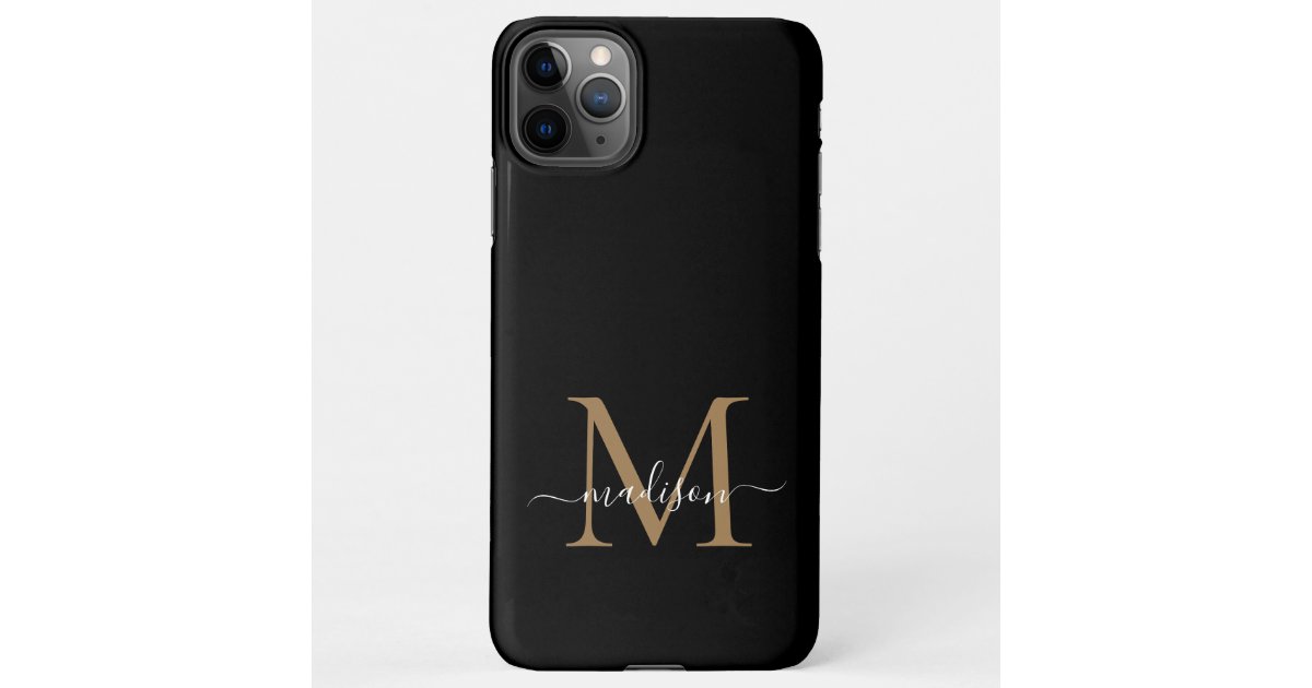 Modern Black Gold Monogram Feminine Script Name iPhone Case | Zazzle