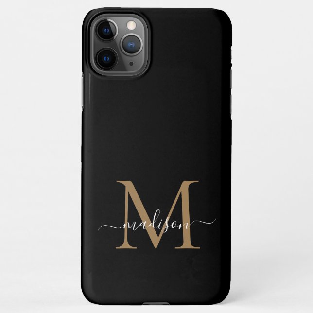 Modern Black Gold Monogram Feminine Script Name iPhone Case (Back)