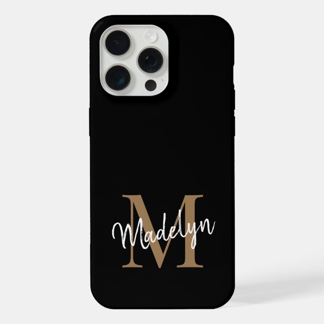 Modern Black Gold Monogram Feminine Script Name iPhone Case (Back)